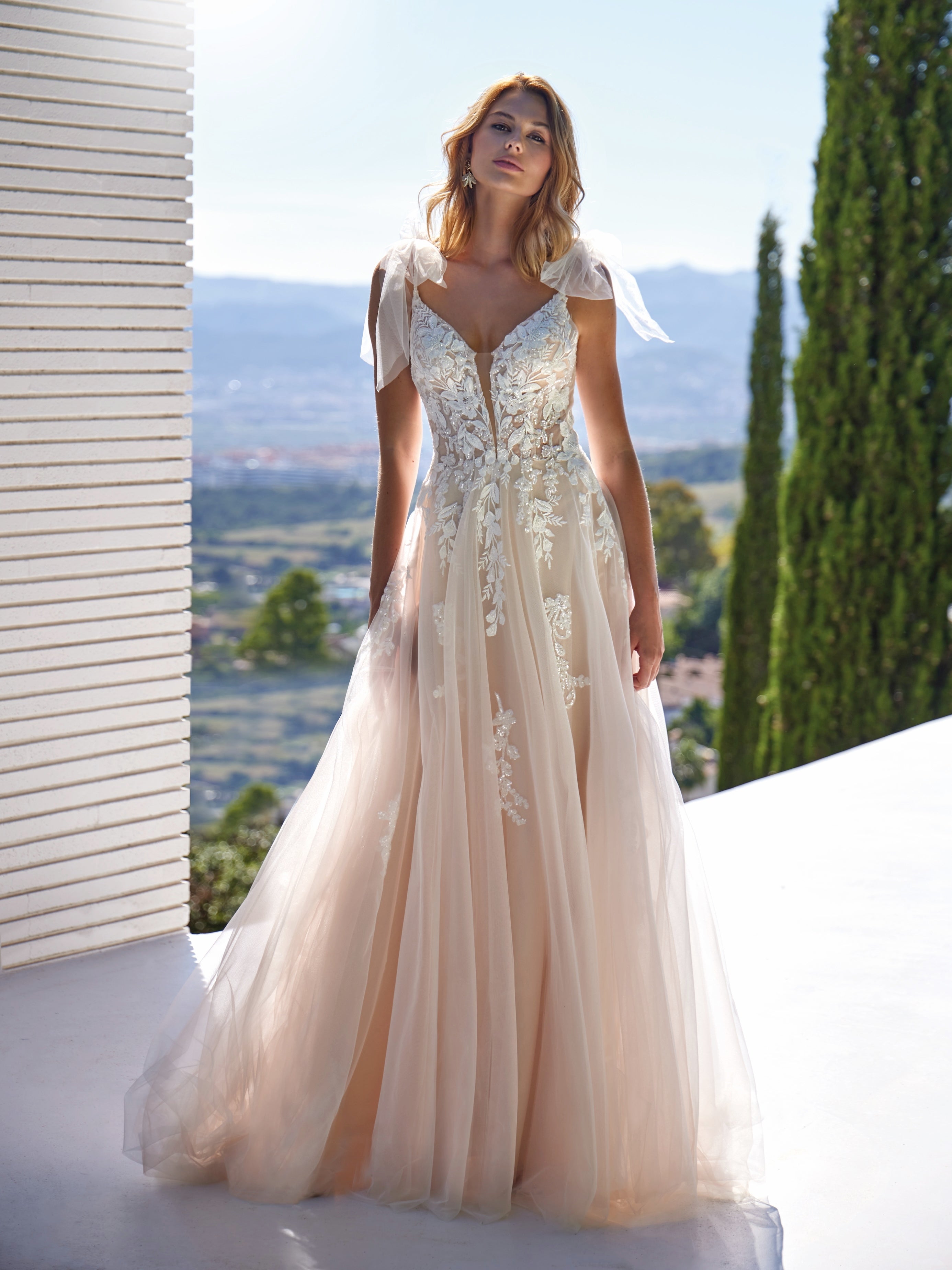 Woman in a elegant wedding dress with a scenic background